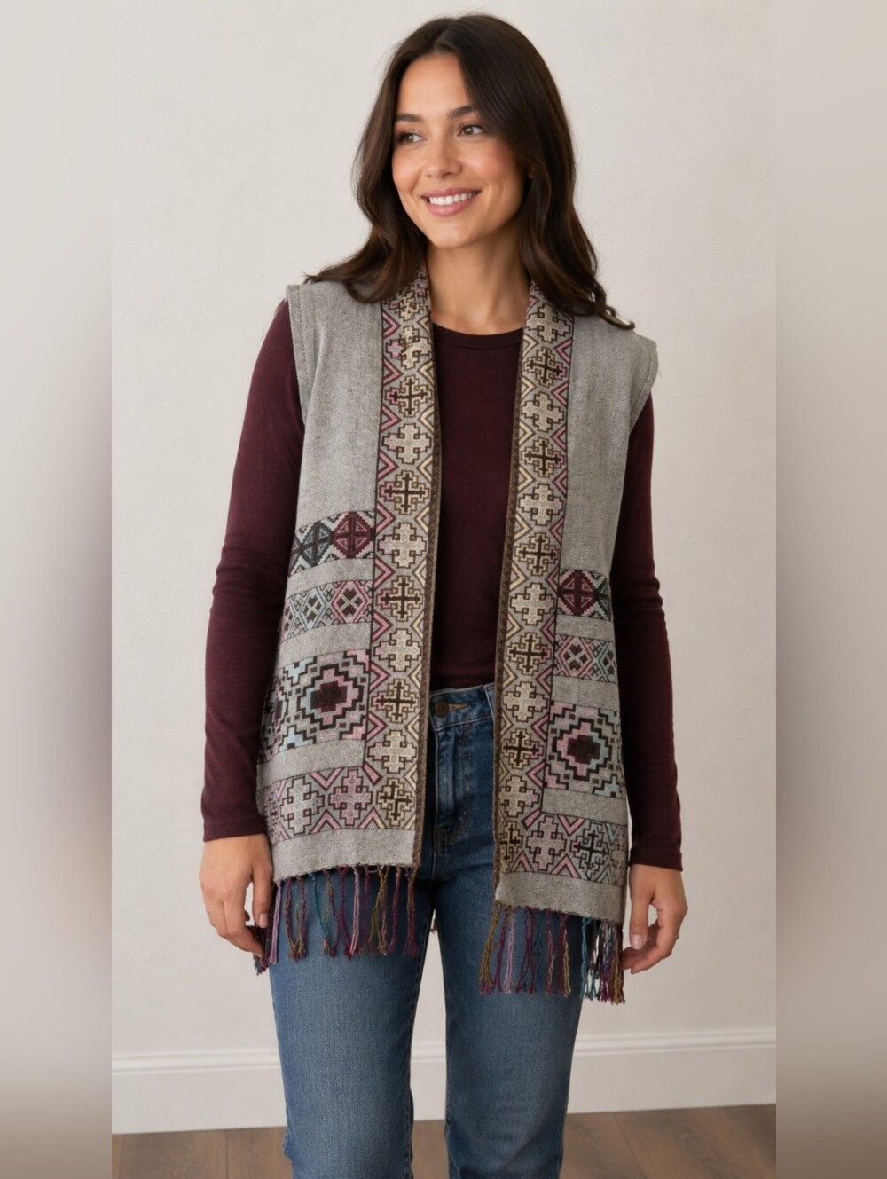Moroccan Inspired Soft Vest in Gray, Burgundy & Pastels